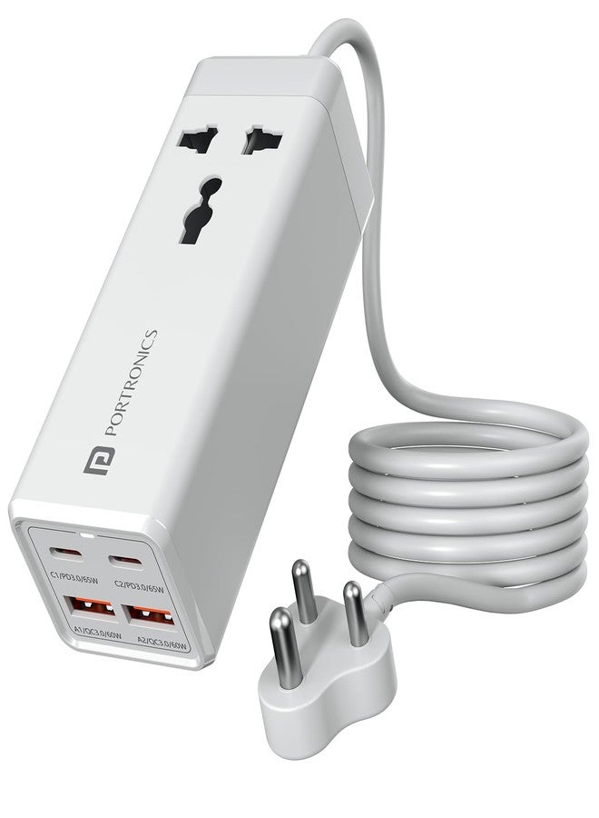 Portronics Adapto Volt 65 65W High Speed 5-in-1 Power Strip with 2 Type C PD Ports, 2 Mach USB Ports and 1 AC Power Socket, Compatible with Laptop,Smartphones, iPhones, Tablet, Power Bank(White) - Image 1